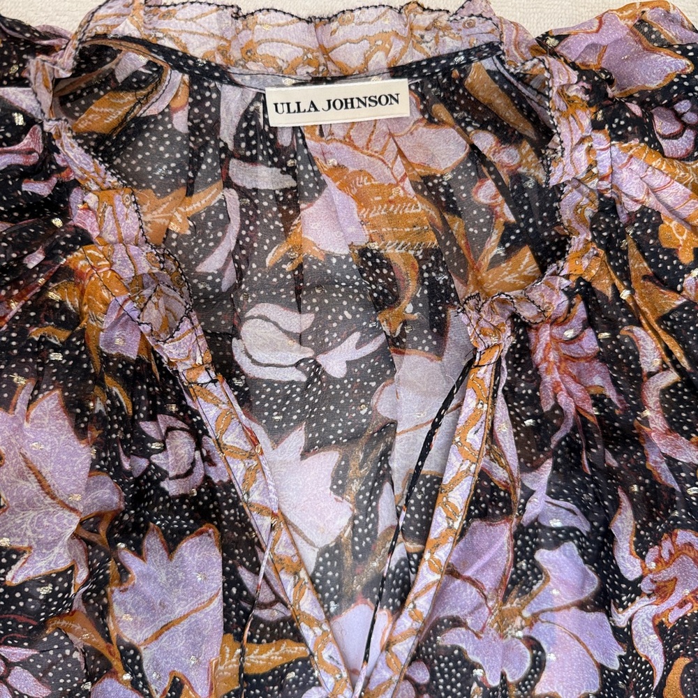Ulla Johnson Flutter Sleeve Black, Gold and Purple Top with Crystal Details